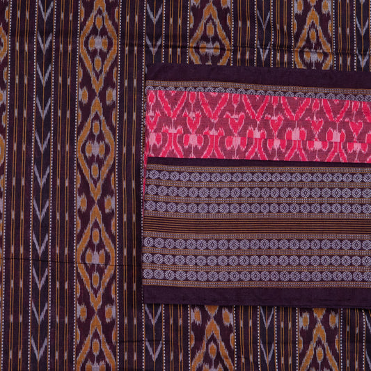 Detailed view of the handwoven motifs on the Maroon Sambalpuri cotton saree.
