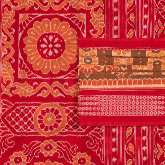 Detailed view of the handwoven motifs on the Brown Sambalpuri cotton saree.