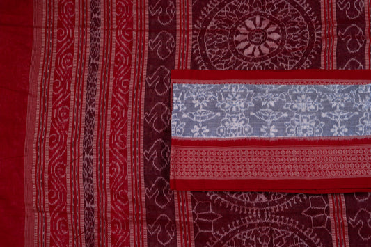 Detailed view of the handwoven motifs on the Grey Sambalpuri cotton saree.