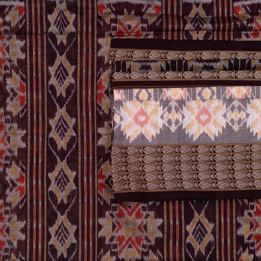 Detailed view of the handwoven motifs on the Brown Sambalpuri cotton saree.