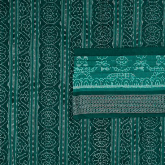 Detailed view of the handwoven motifs on the Green Sambalpuri cotton saree.