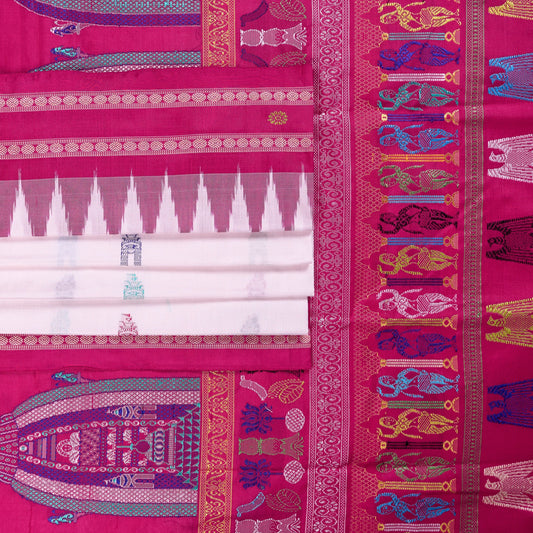 White and Pink Bomkai silk saree — view 2 of 6.