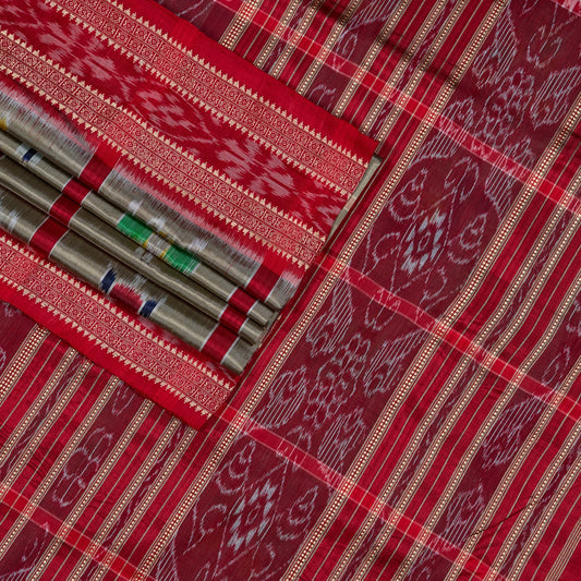 Grey and Red Khandua silk saree — view 2 of 5.