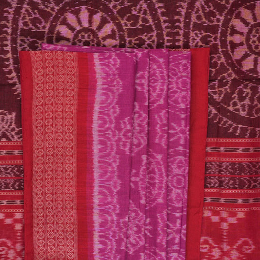 Full length view of the pink and red Sambalpuri cotton saree displaying the complete motif design.