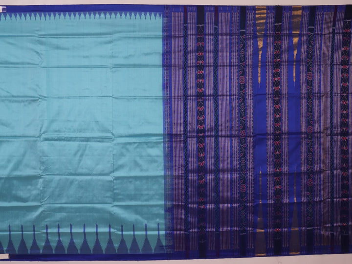 Close-up of plain blue Sambalpuri silk handloom saree fabric texture.