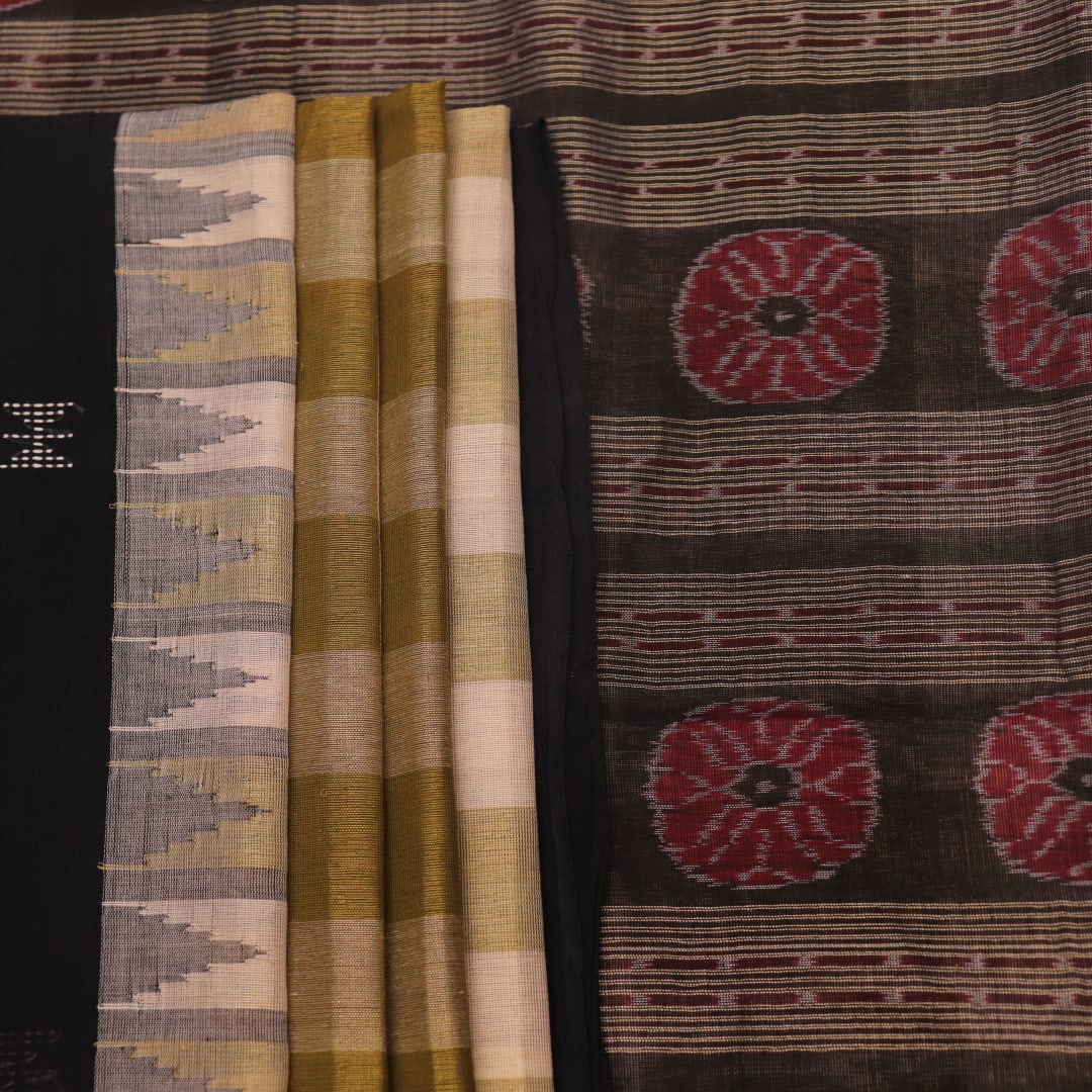 Full view of a handloom multi-color and black Sambalpuri cotton saree with motifs.