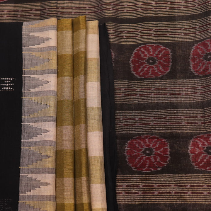 Full view of a handloom multi-color and black Sambalpuri cotton saree with motifs.