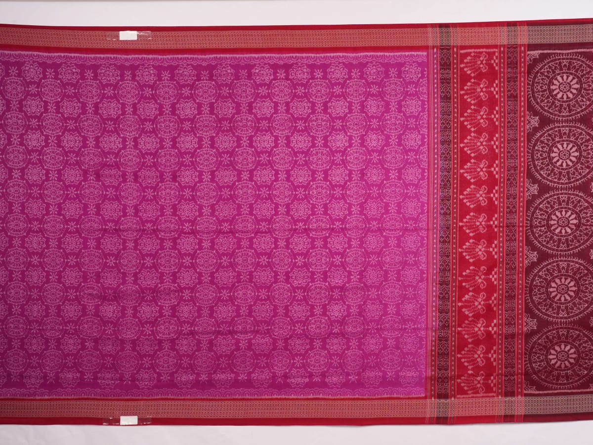 Full length view of the pink and red Sambalpuri cotton saree displaying the complete motif design.