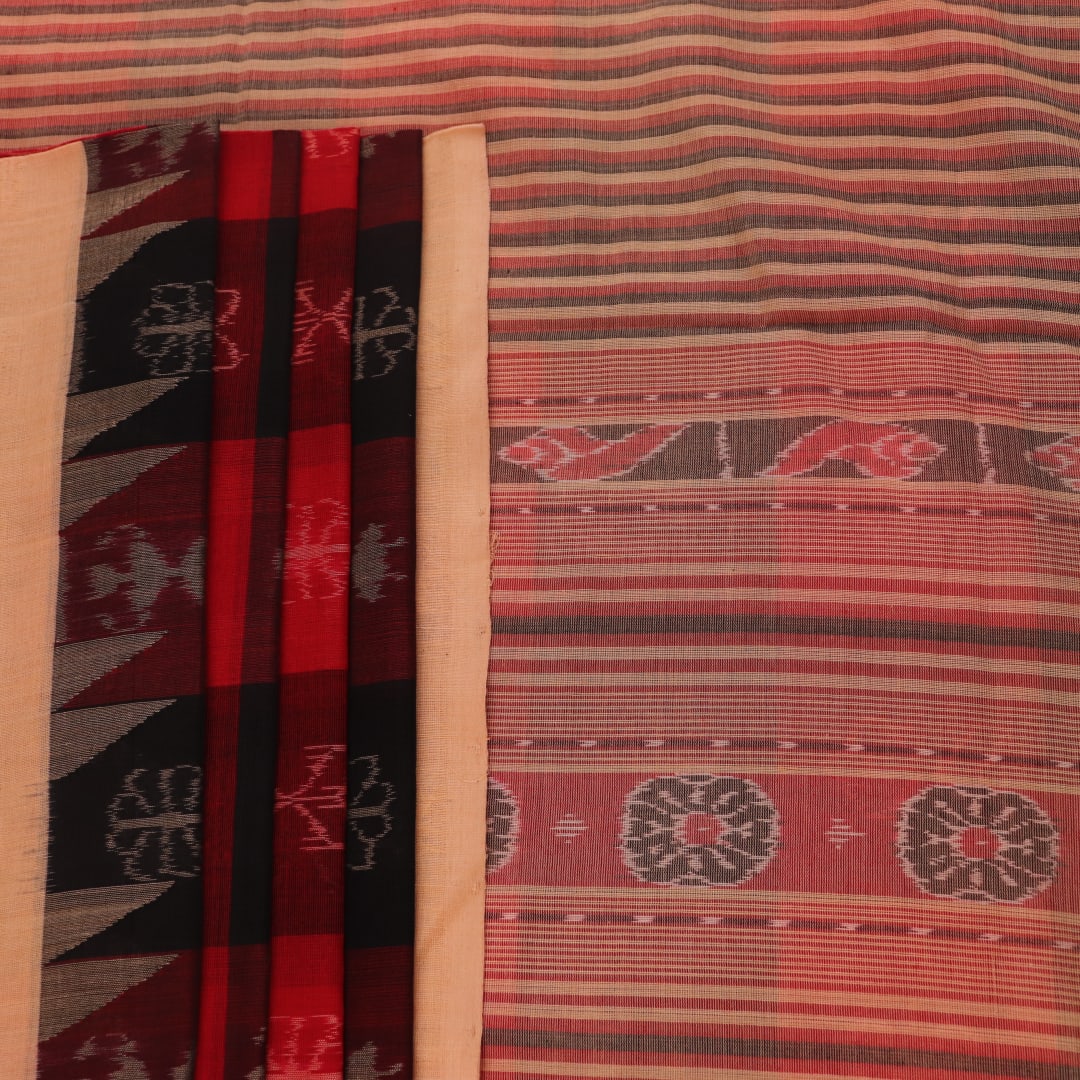 Full product view of a red and cream Sambalpuri cotton saree featuring traditional motifs.