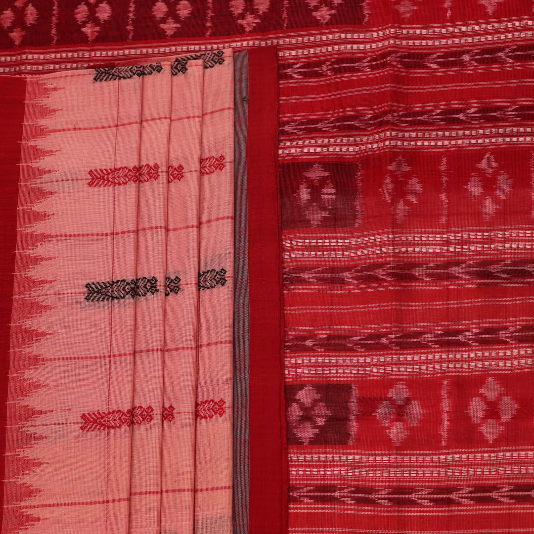 Full product view of a pink and red Sambalpuri Cotton Saree with butta pattern.