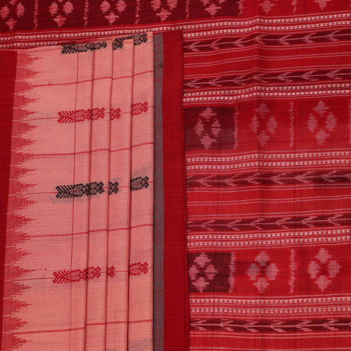 Full product view of a pink and red Sambalpuri Cotton Saree with butta pattern.
