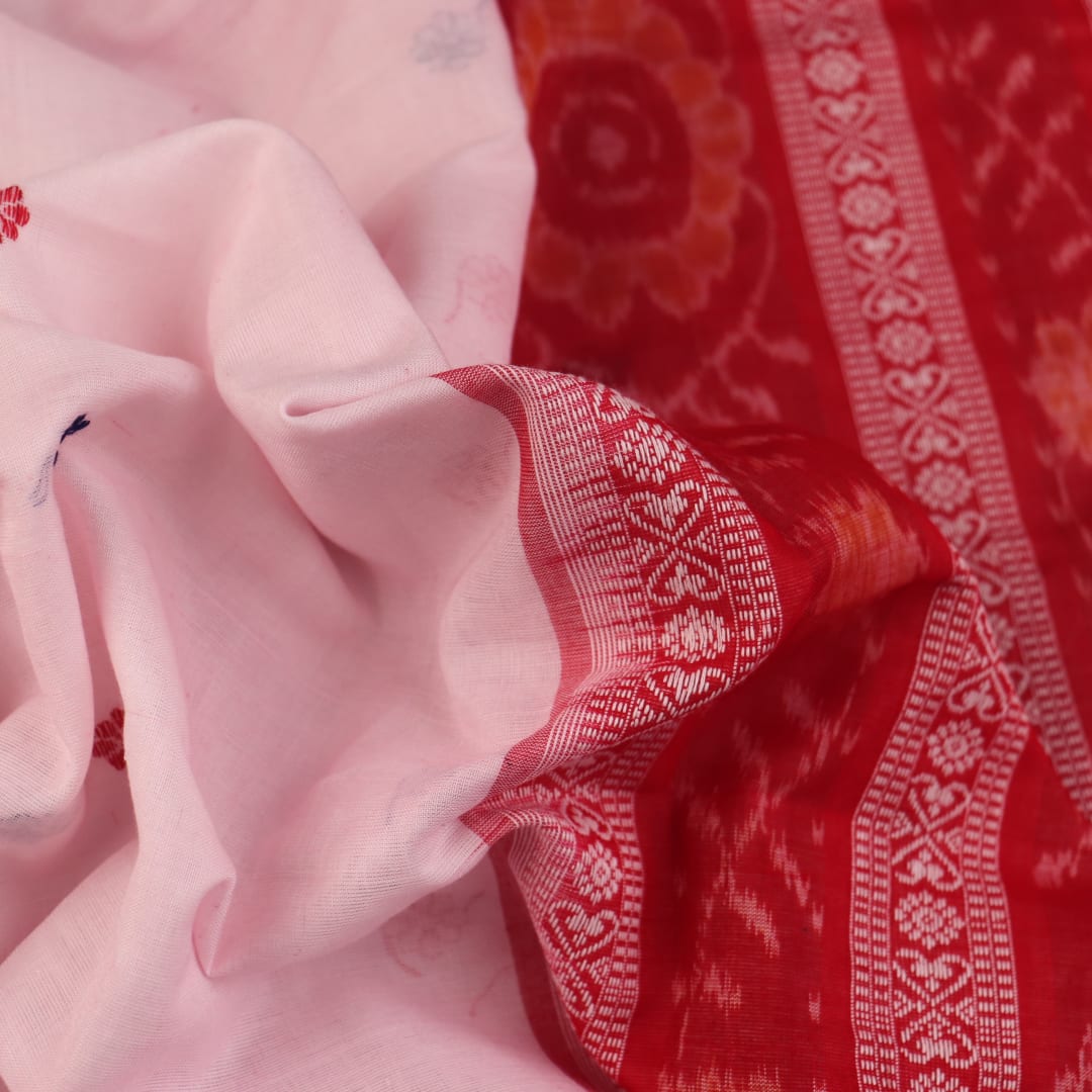 Full view of a white and red Sambalpuri cotton saree with butta pattern.