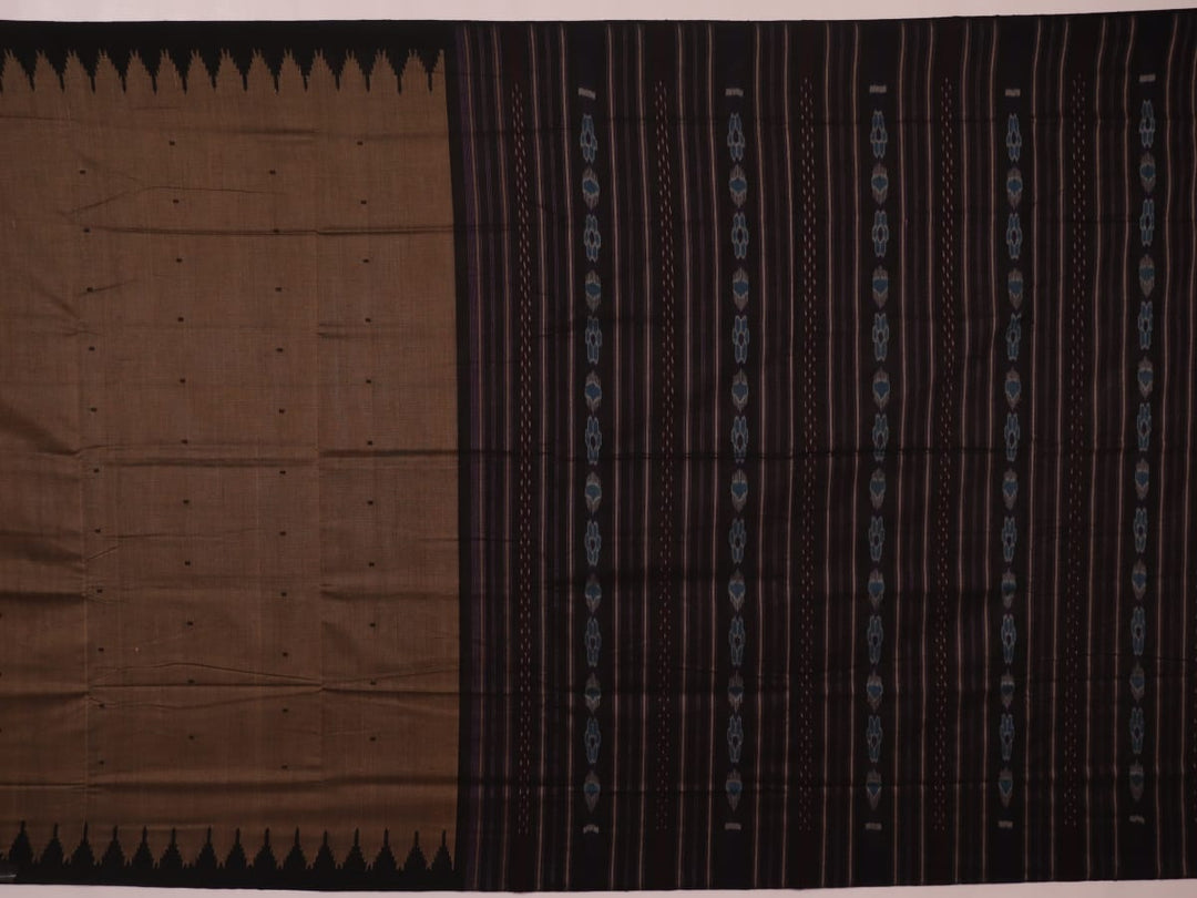 Full display of a handwoven plain grey Sambalpuri cotton saree with black details.