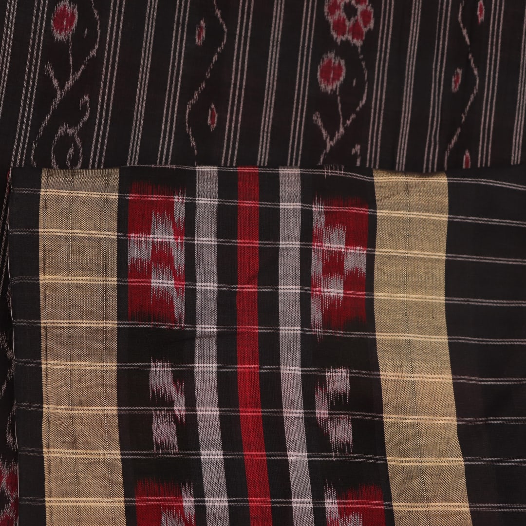 Multi-color Sambalpuri cotton saree with black and traditional motifs, full view.