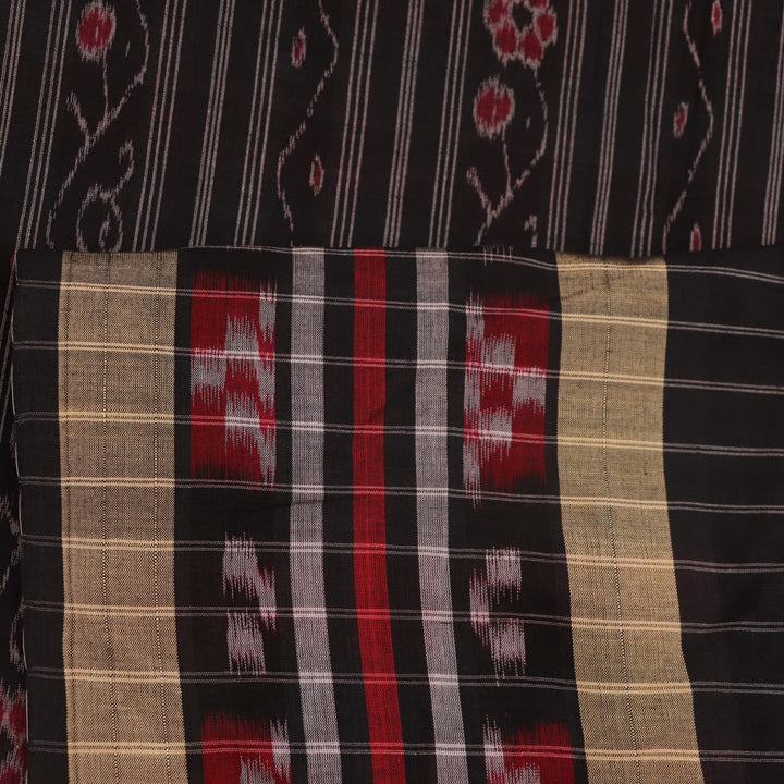 Multi-color Sambalpuri cotton saree with black and traditional motifs, full view.