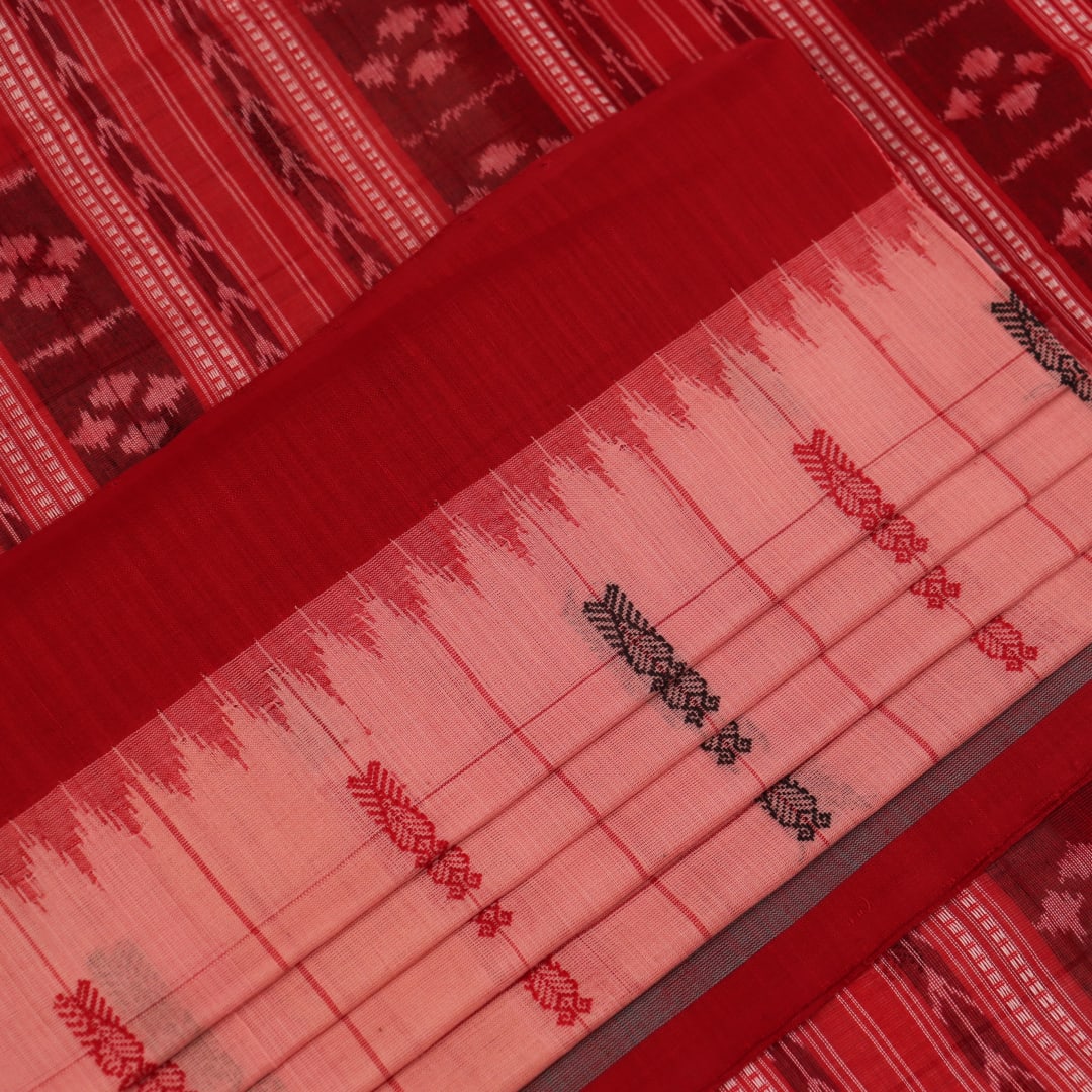 Full product view of a pink and red Sambalpuri Cotton Saree with butta pattern.