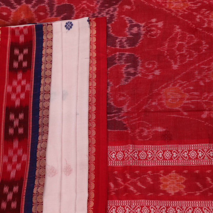 Full view of a white and red Sambalpuri cotton saree with butta pattern.