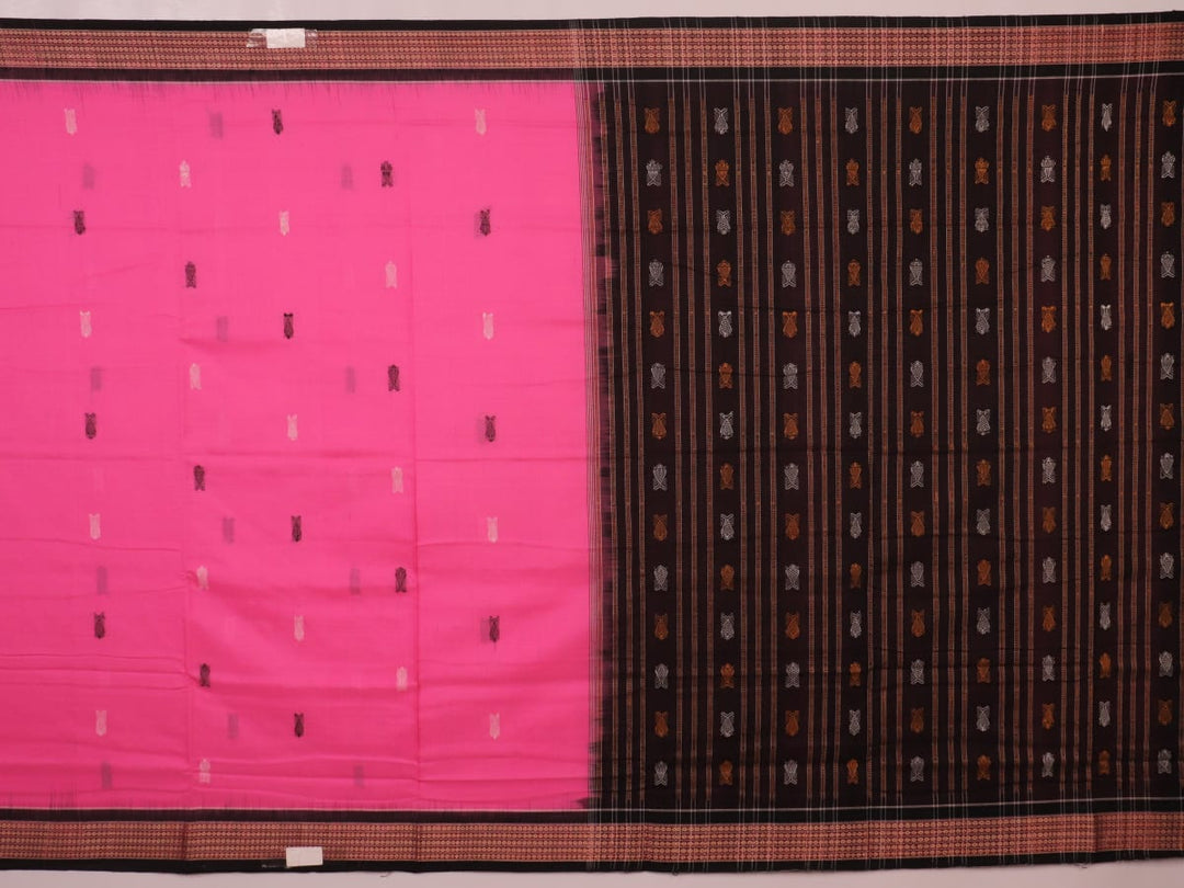 Full view of a pink and black Bomkai cotton saree with butta pattern.
