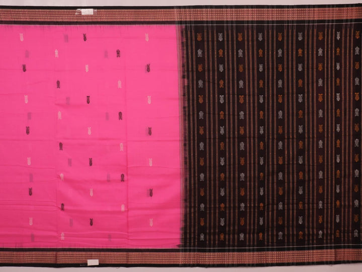 Full view of a pink and black Bomkai cotton saree with butta pattern.