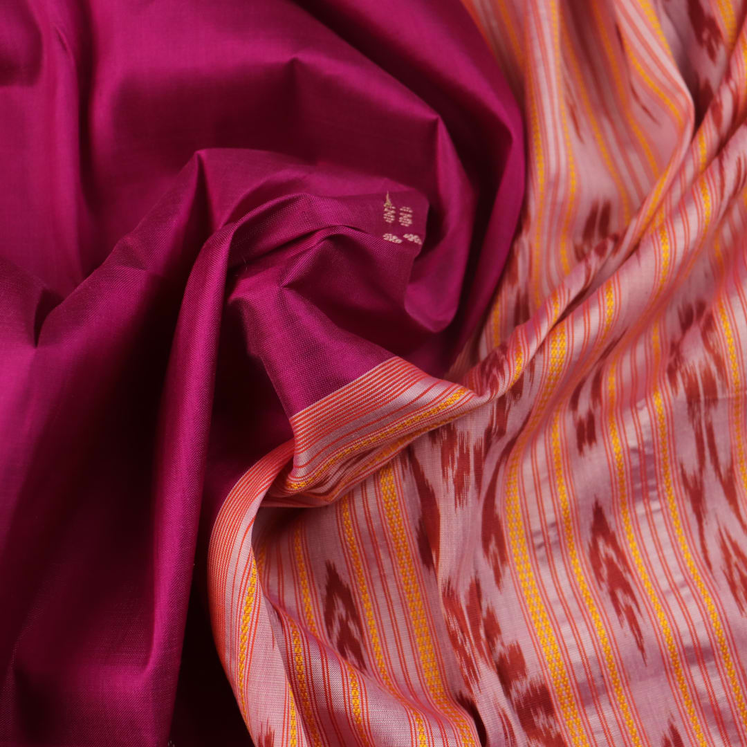 Pink Khandua silk saree styled; showing drape and overall look of the handloom saree.