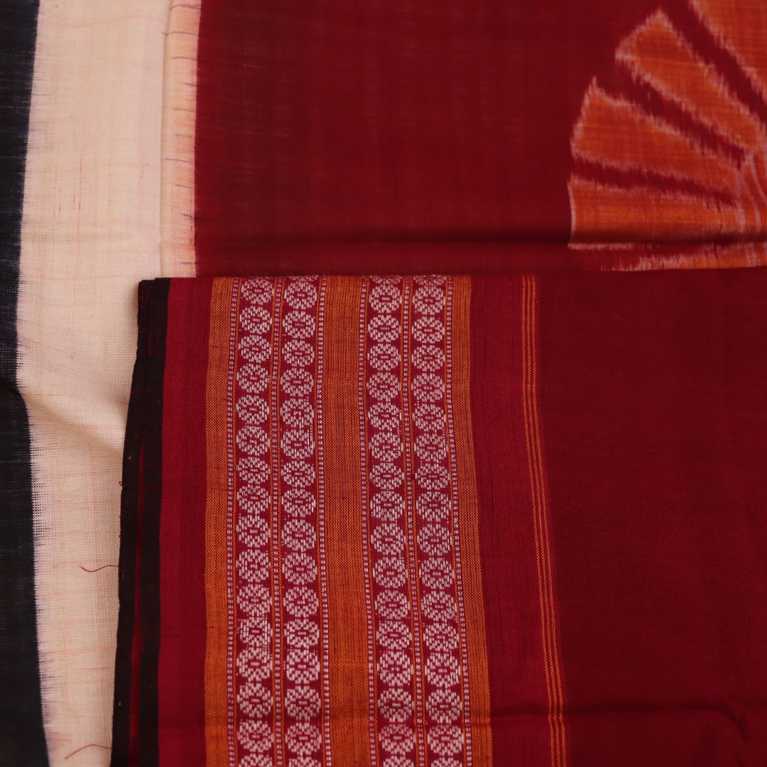 Full view of a striped Off-white and Maroon Sambalpuri Cotton Saree.