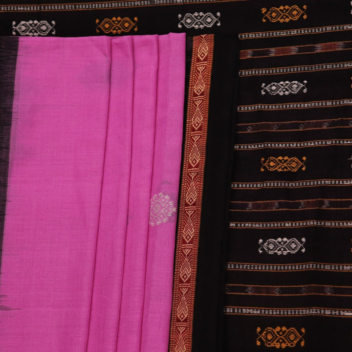 Full view of a pink and black Bomkai cotton saree with a butta pattern and intricate border.