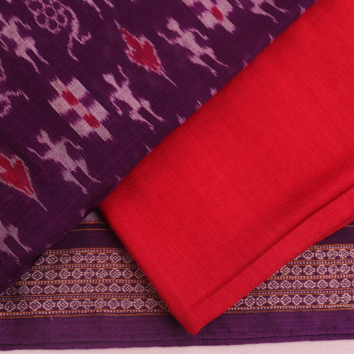 Detail of the violet and red Sambalpuri cotton dress material's blouse piece with motif patterns.