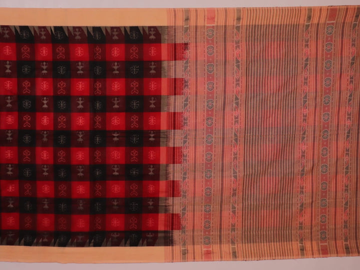 Full product view of a red and cream Sambalpuri cotton saree featuring traditional motifs.