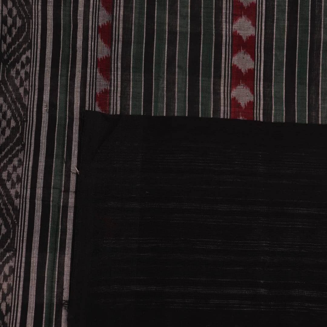 Full view of a green and black Sambalpuri cotton saree with motifs.