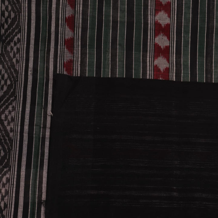 Full view of a green and black Sambalpuri cotton saree with motifs.