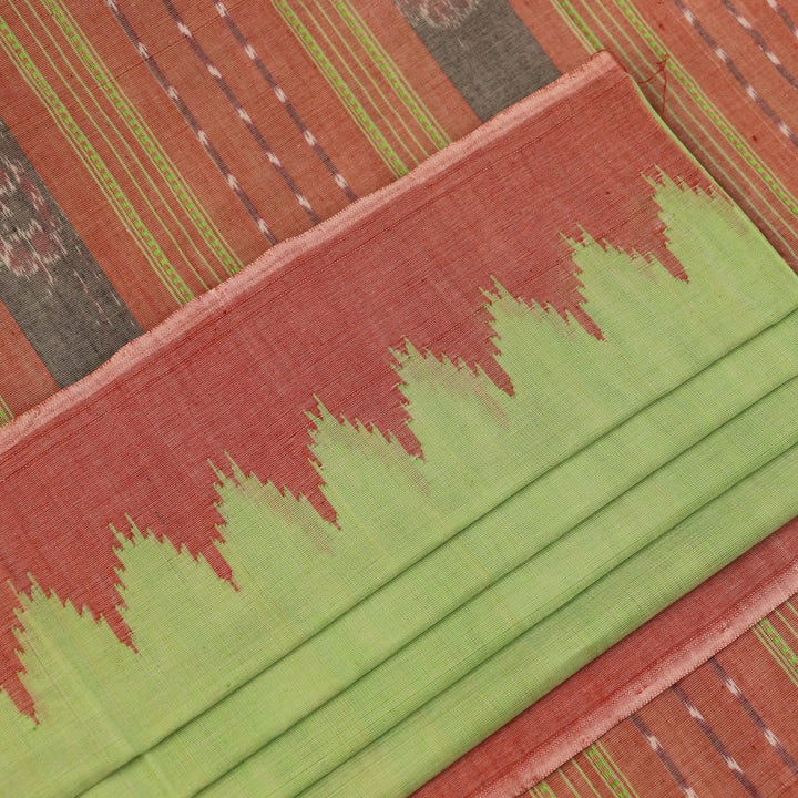 Full view of a plain green and brown Sambalpuri cotton saree.