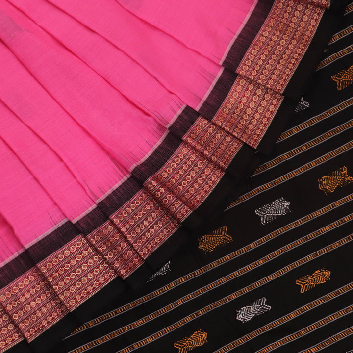 Full view of a pink and black Bomkai cotton saree with butta pattern.