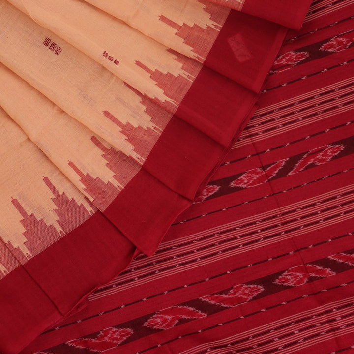 Full view of a cream and maroon Sambalpuri cotton saree with butta pattern.