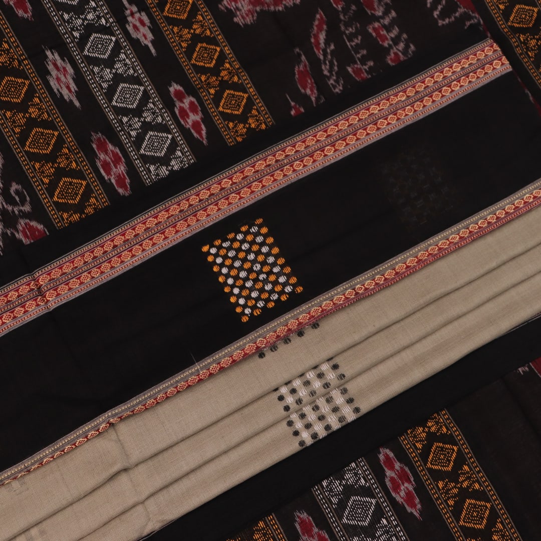 Full product view of a grey Bomkai cotton saree featuring black butta patterns.