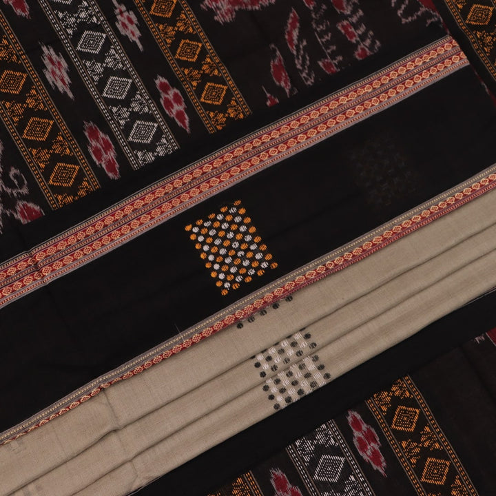 Full product view of a grey Bomkai cotton saree featuring black butta patterns.