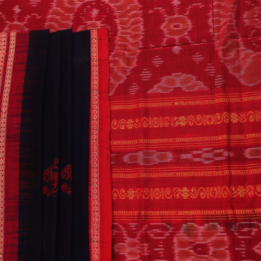 Full view of a blue and red Bomkai Cotton Saree with doll pattern.
