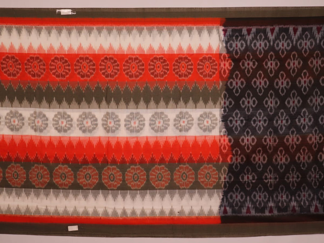 Draped view of a multicolor cotton Sambalpuri saree with intricate motif patterns on the body and pallu