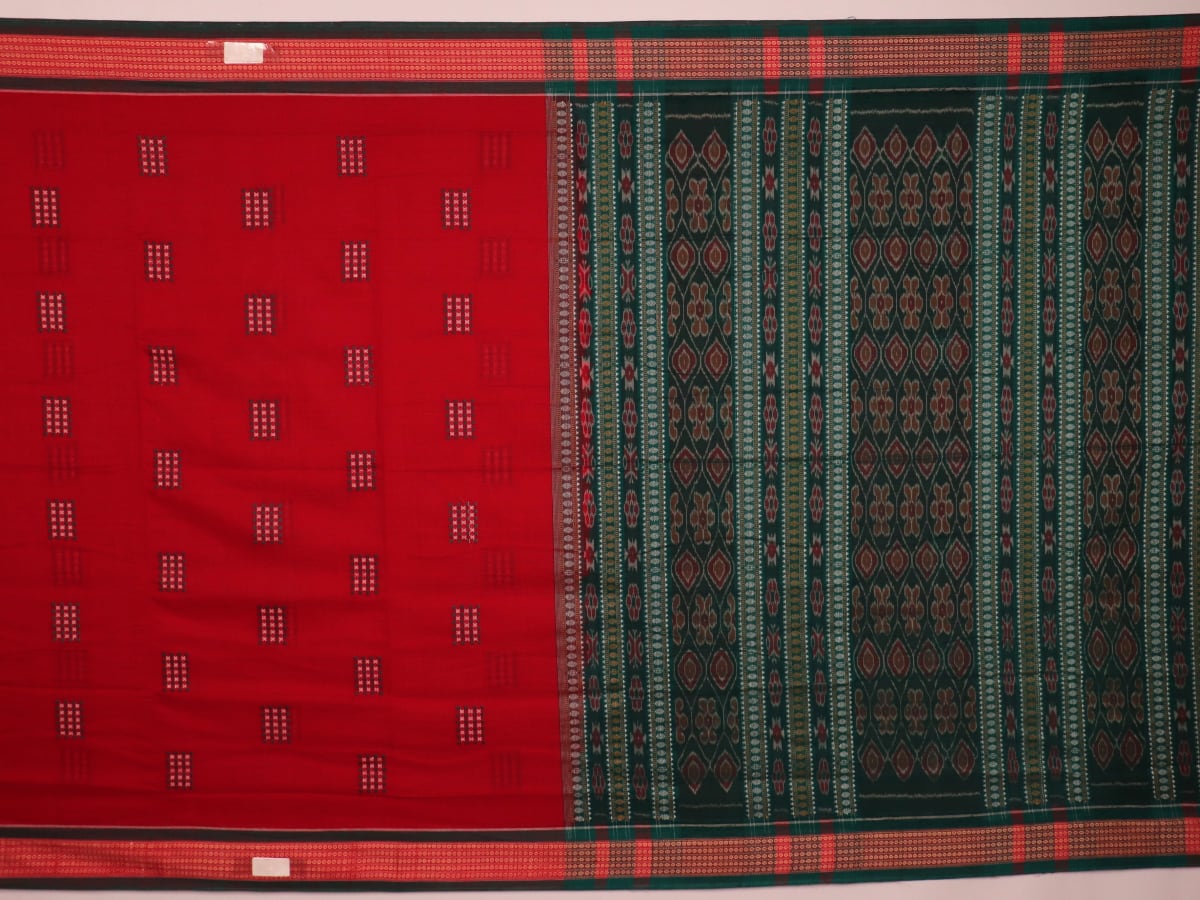 Full view of a red and green Bomkai cotton saree with a butta pattern