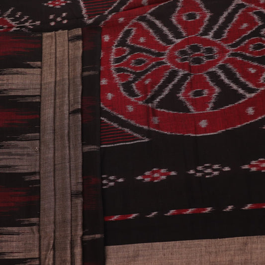 Styled view of a plain grey and black Sambalpuri cotton handloom saree.