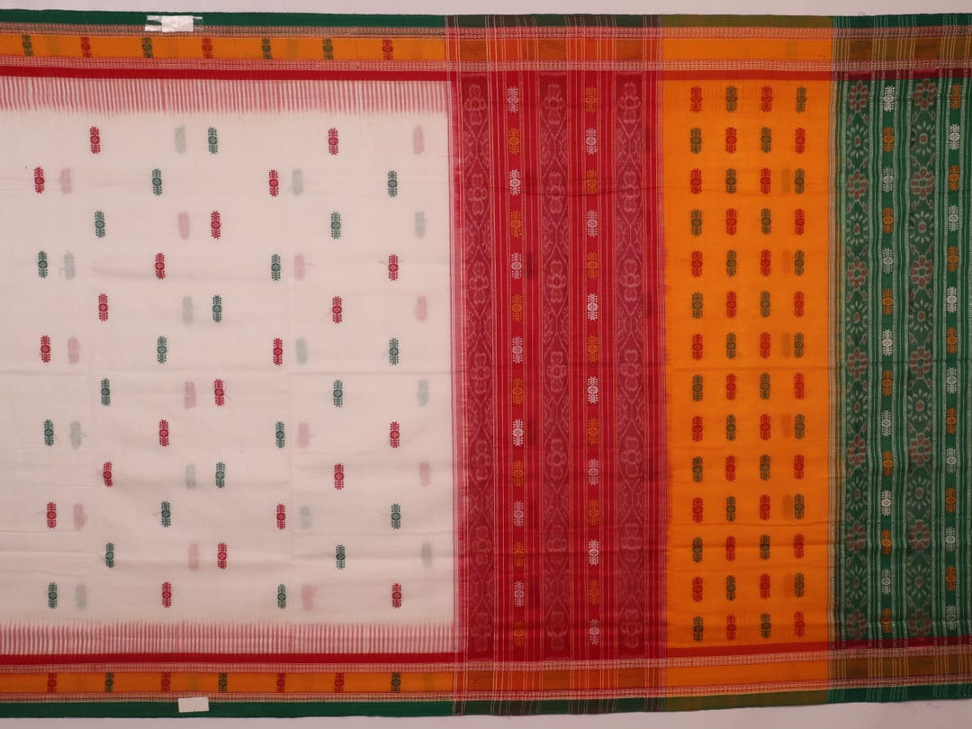 Full view of a white and green cotton handloom Bomkai saree with butta pattern.