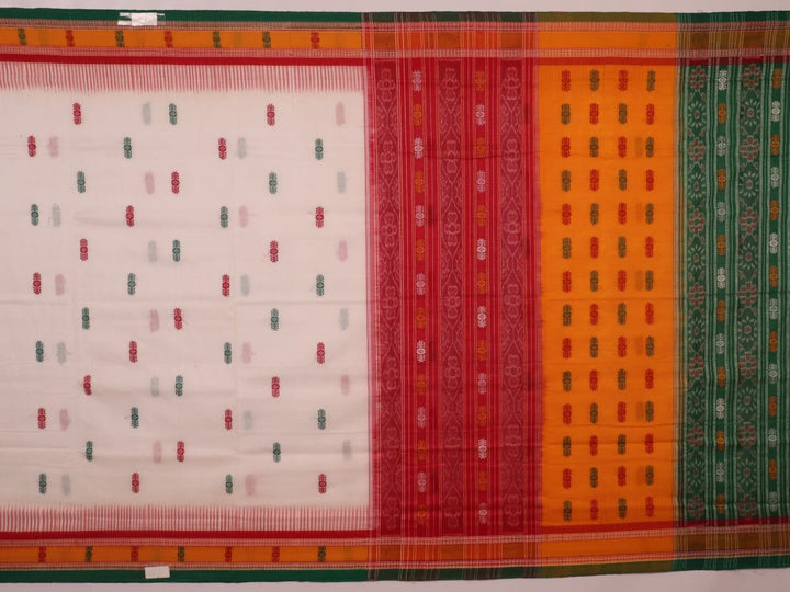 Full view of a white and green cotton handloom Bomkai saree with butta pattern.