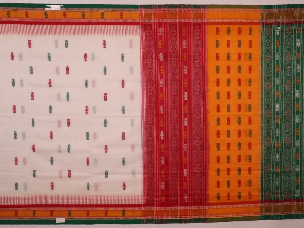 Full view of a white and green cotton handloom Bomkai saree with butta pattern.