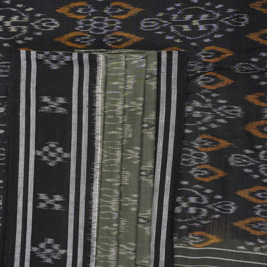 Elegant model drape of the grey and black Sambalpuri cotton saree showcasing traditional handloom motifs.