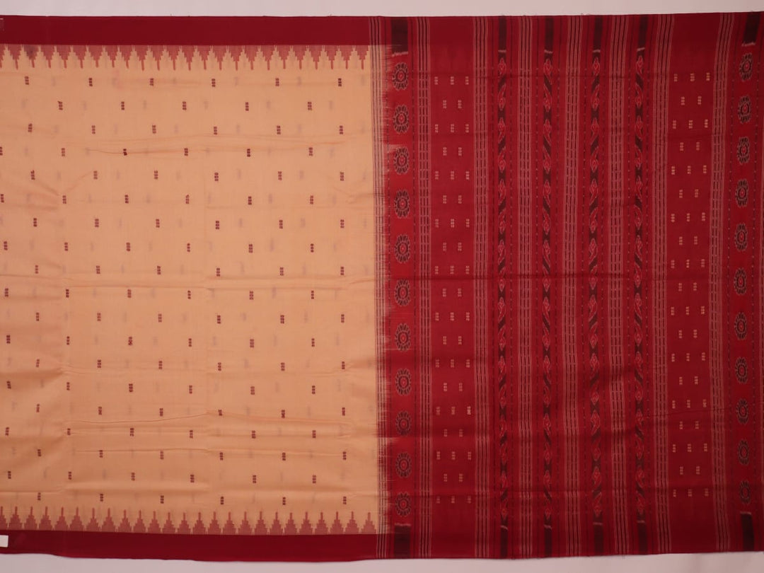 Full view of a cream and maroon Sambalpuri cotton saree with butta pattern.