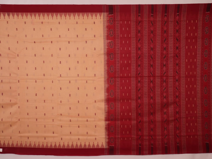 Full view of a cream and maroon Sambalpuri cotton saree with butta pattern.