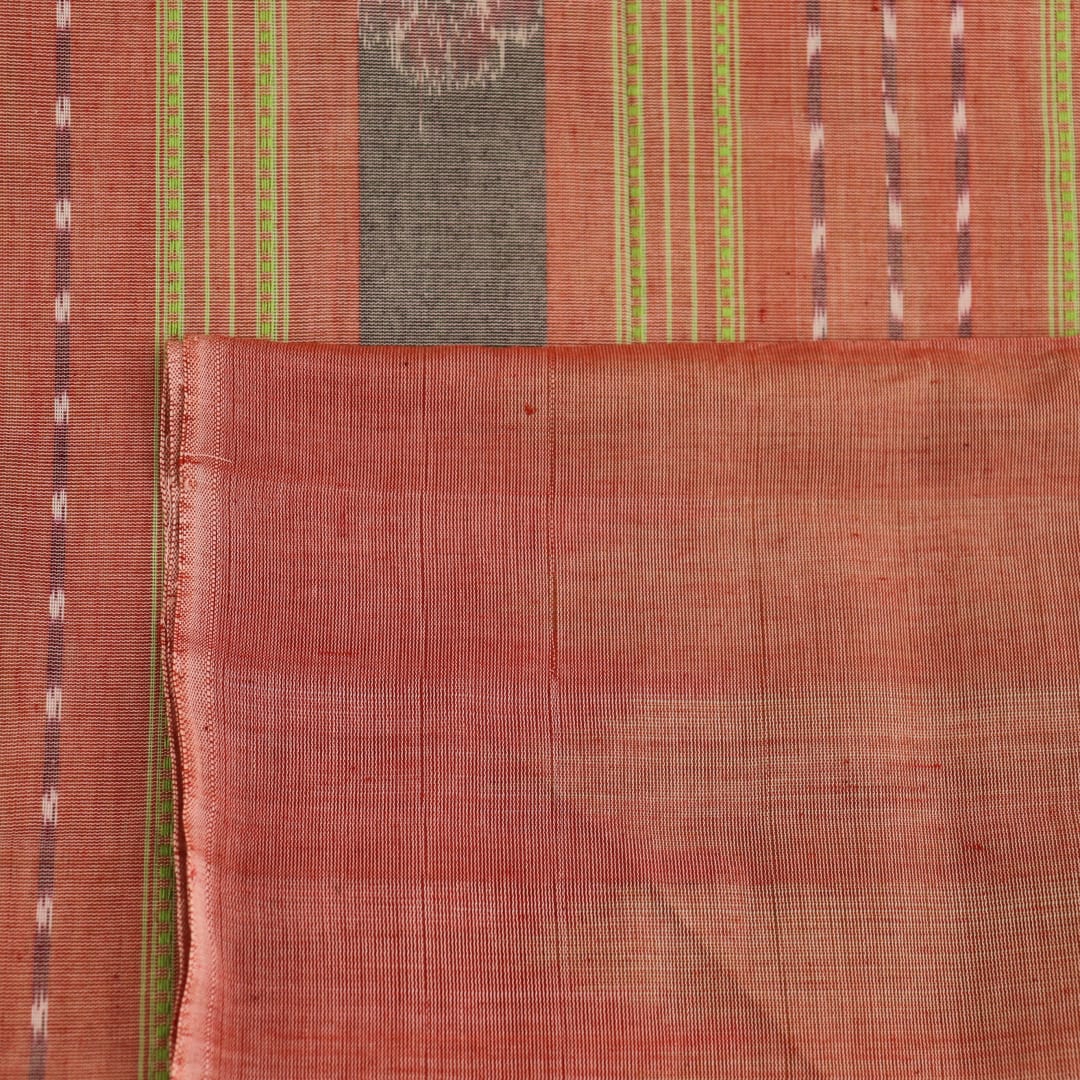 Full view of a plain green and brown Sambalpuri cotton saree.