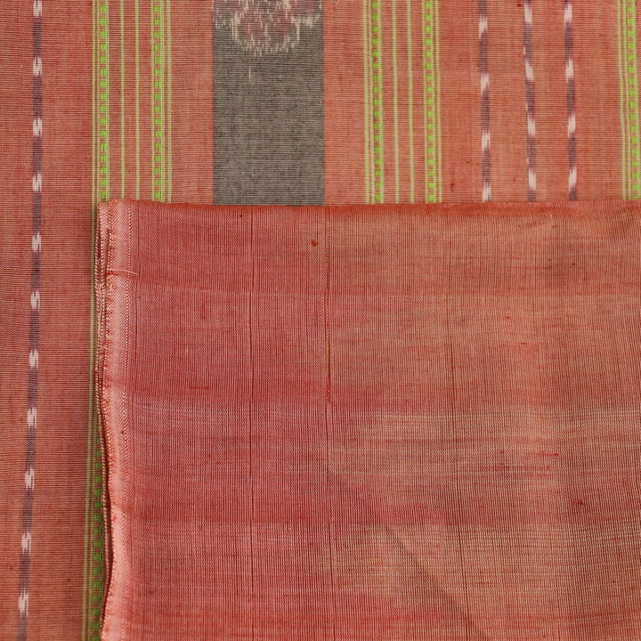 Full view of a plain green and brown Sambalpuri cotton saree.