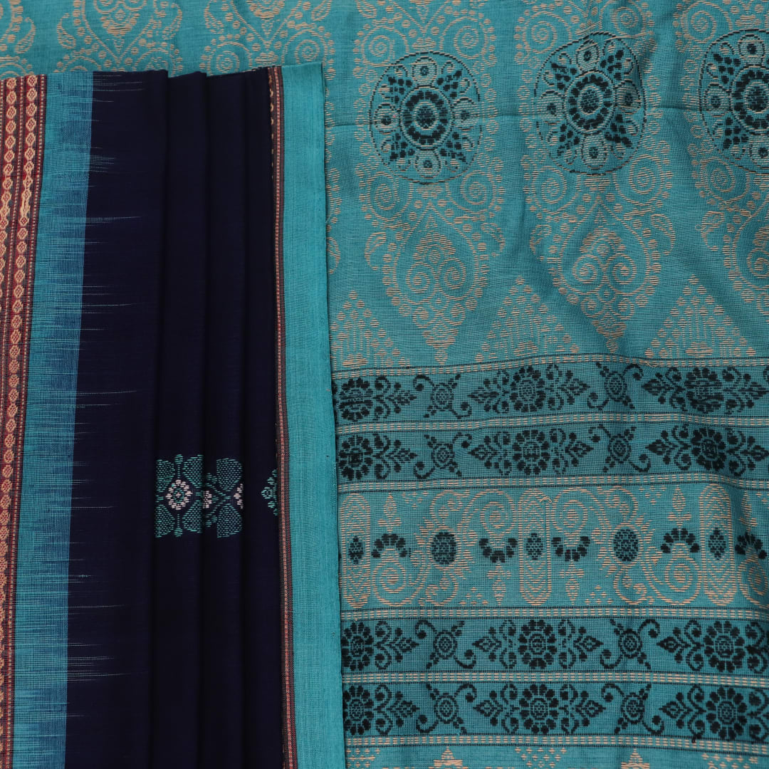 Full length view of a blue and green Bomkai Cotton Saree with Butta pattern.