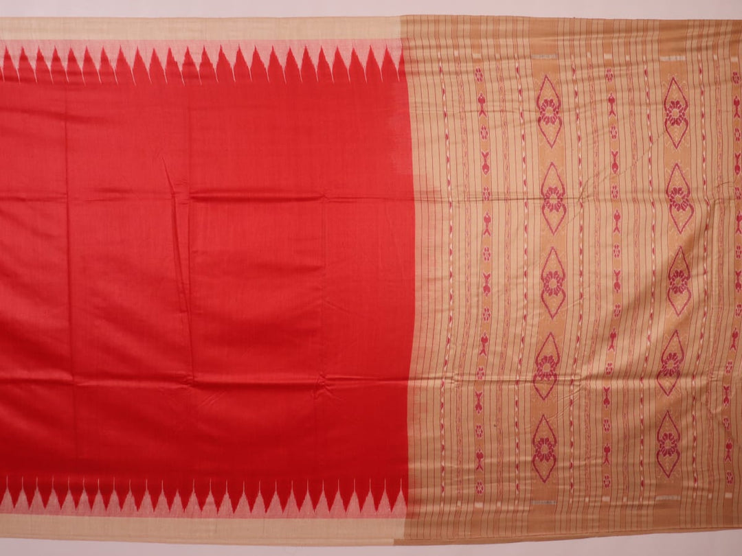 Close-up of plain red and off-white Tussar silk saree fabric texture.