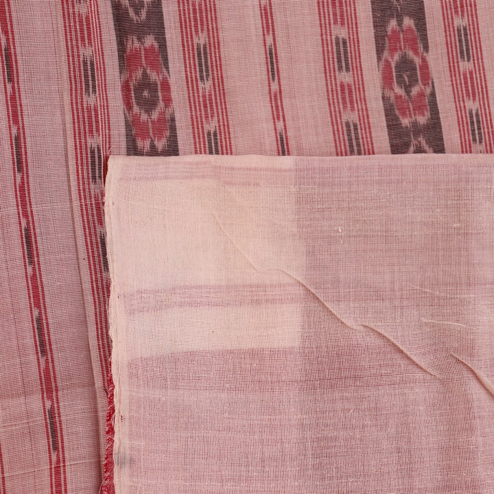 Full view of a plain red and white handloom Sambalpuri cotton saree.